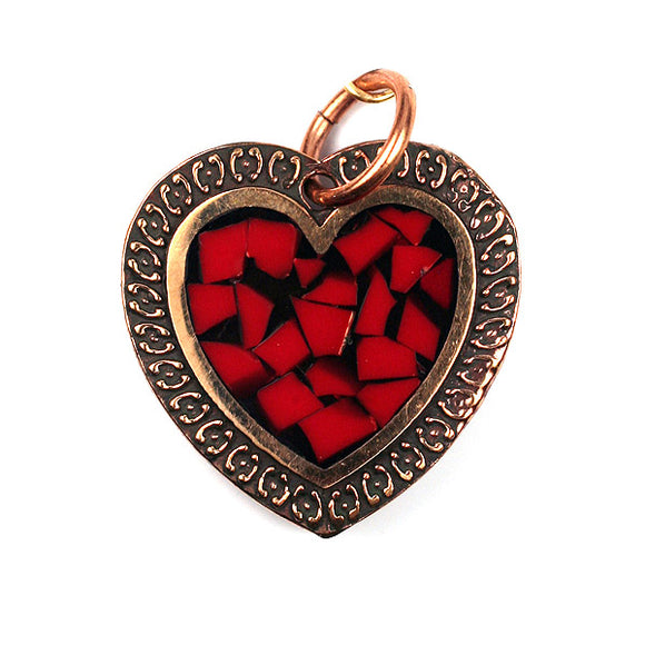 Bronze Heart Pendant With Coral Inlay
