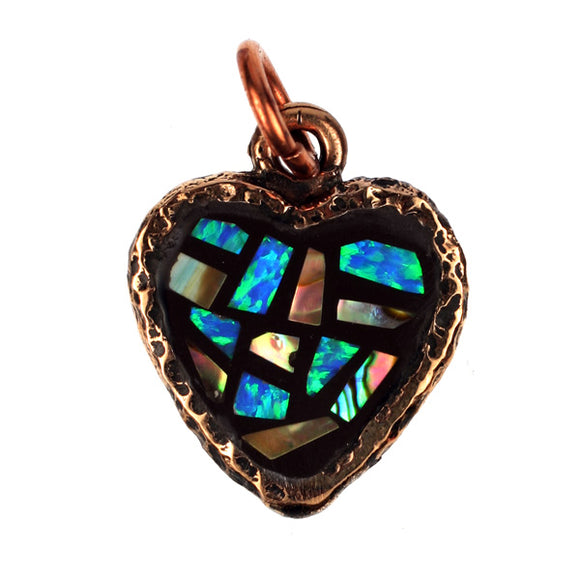 Bronze Textured Heart Pendant inlaid with Synthetic Opal