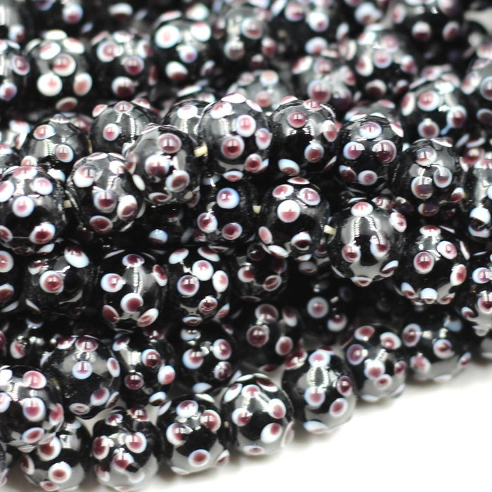 Round Black With Purple & White Dots