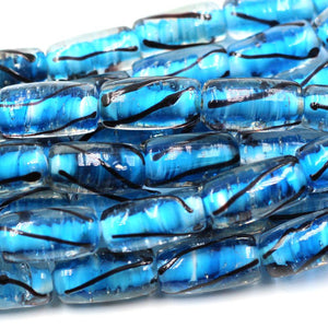 (INDIA066) Blue With Clear Encased Barrel Glass Bead