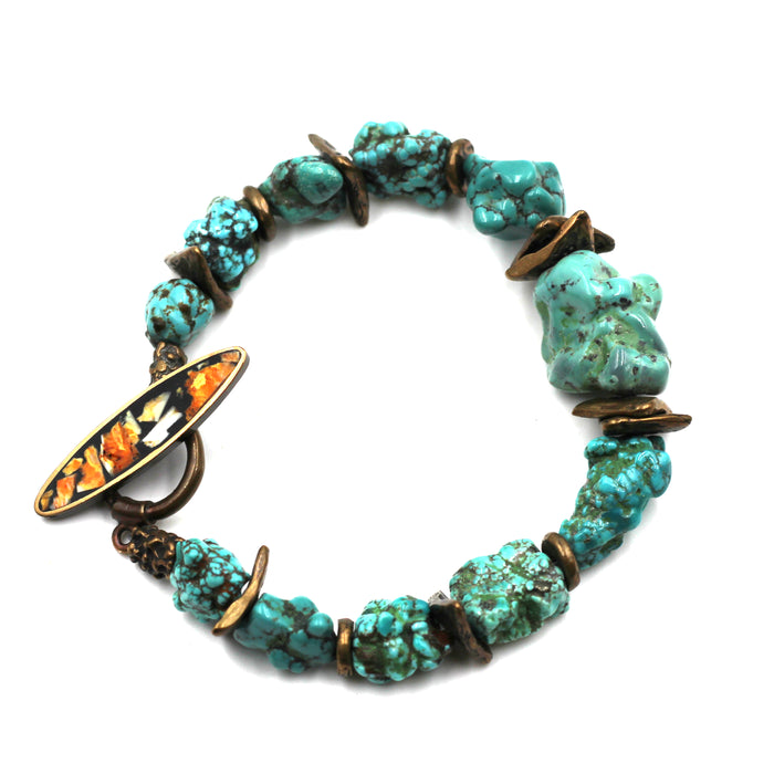 Turquoise, Spiny Oyster and Bronze Bracelet
