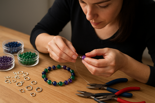 show a woman make a bracelet with high quality gemstones and sterling silver toggles