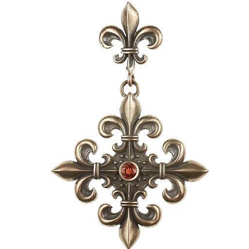 Absolutely the most beautiful hand cast Bronze 4 point Fleur De Li cross with a bezel set faceted stone of your choice.
