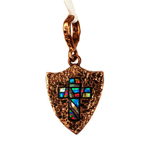 Bronze Roman Shield & Cross Pendant Inlaid With Synthetic Opal