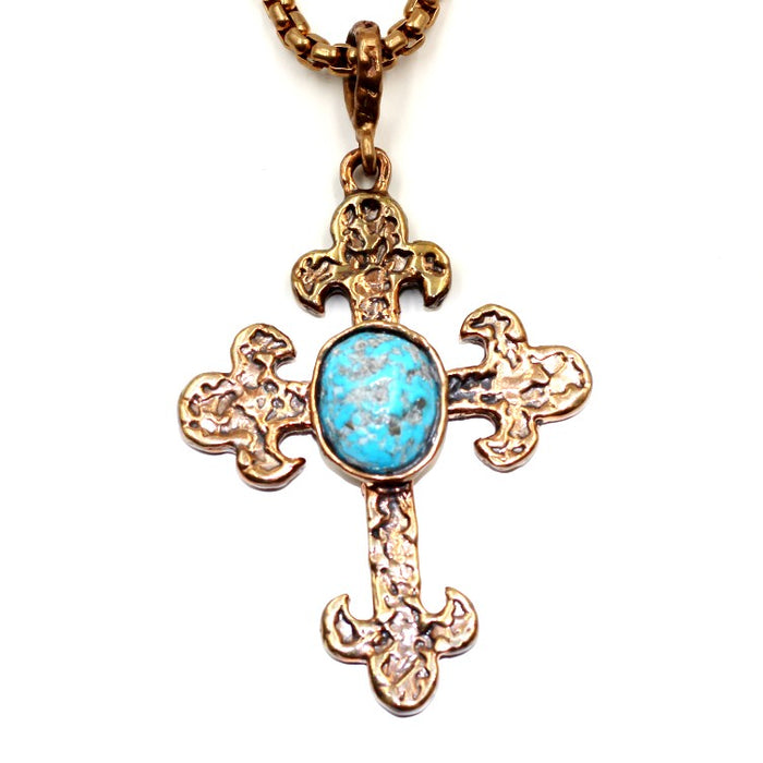 (OOAK028) Handmade Bronze Cross with beautiful old Kingman Turquoise stone.