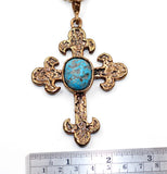(OOAK028) Handmade Bronze Cross with beautiful old Kingman Turquoise stone.