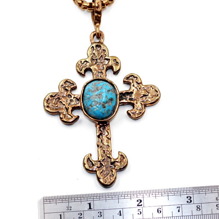 (OOAK028) Handmade Bronze Cross with beautiful old Kingman Turquoise stone.