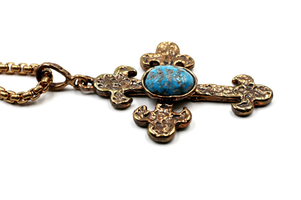 (OOAK028) Handmade Bronze Cross with beautiful old Kingman Turquoise stone.