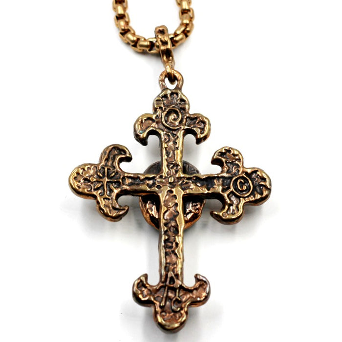 (OOAK028) Handmade Bronze Cross with beautiful old Kingman Turquoise stone.