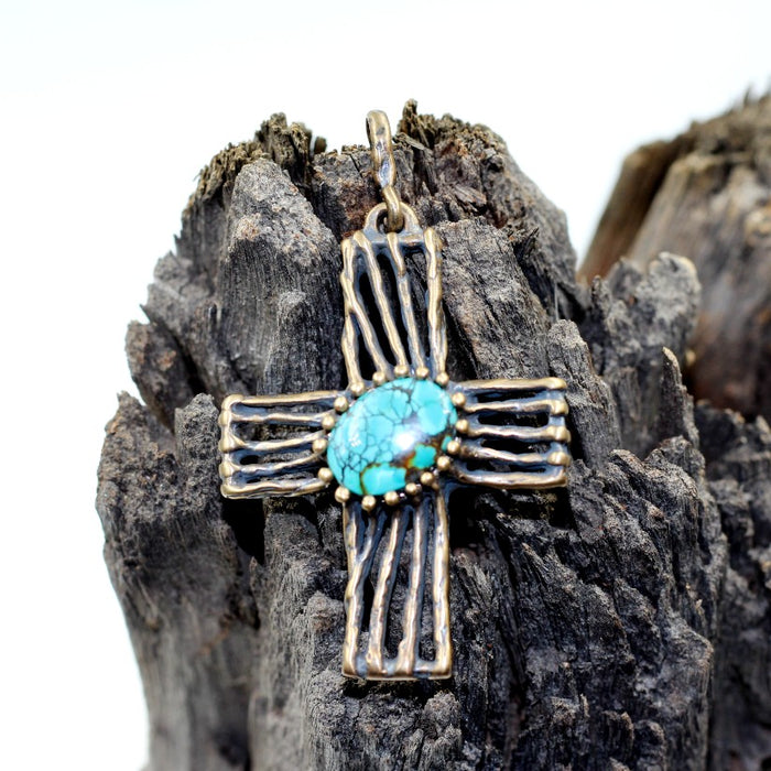 (ABR023)  Old World Bronze Cross W/ Spider web Turquoise