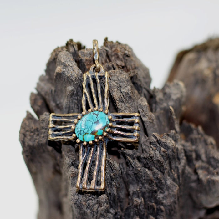 (ABR023)  Old World Bronze Cross W/ Spider web Turquoise