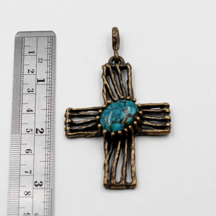 (ABR023)  Old World Bronze Cross W/ Spider web Turquoise