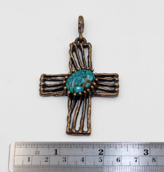 (ABR023)  Old World Bronze Cross W/ Spider web Turquoise