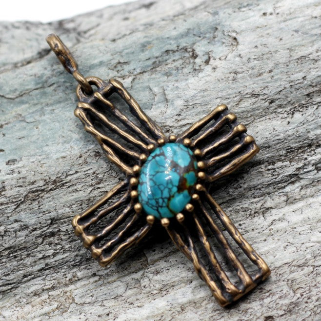 (ABR023)  Old World Bronze Cross W/ Spider web Turquoise