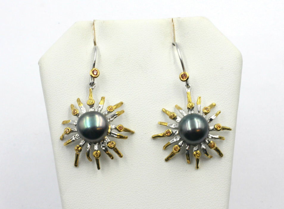 Fresh Water Pearl Earrings w/ Golden Sapphires set in Sterling Silver.