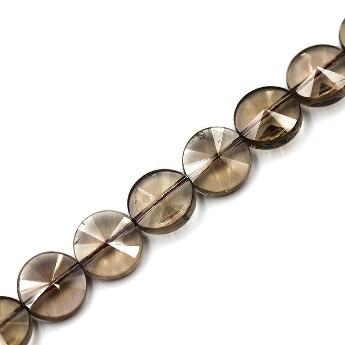 15mm Flat Round Faceted Smoky Quartz