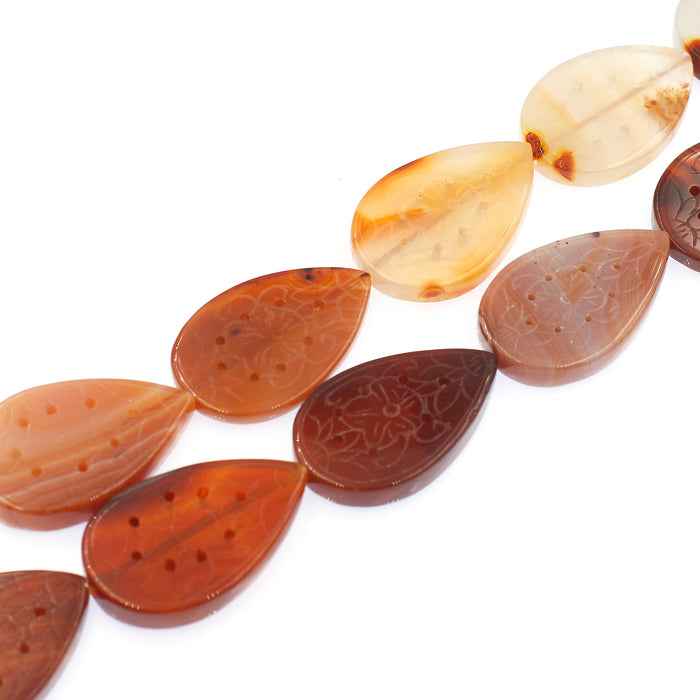 (CARN-028) Carved Carnelian Teardrop Beads