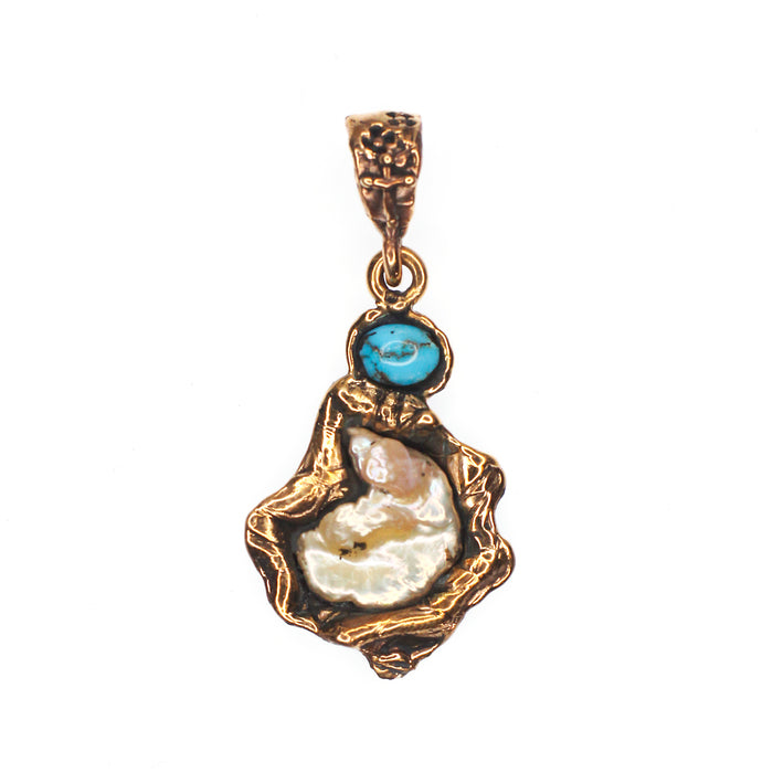 (OOAK010) Bronze, Turquoise, and Pearl Pendant