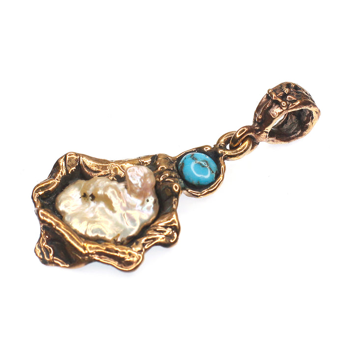 (OOAK010) Bronze, Turquoise, and Pearl Pendant
