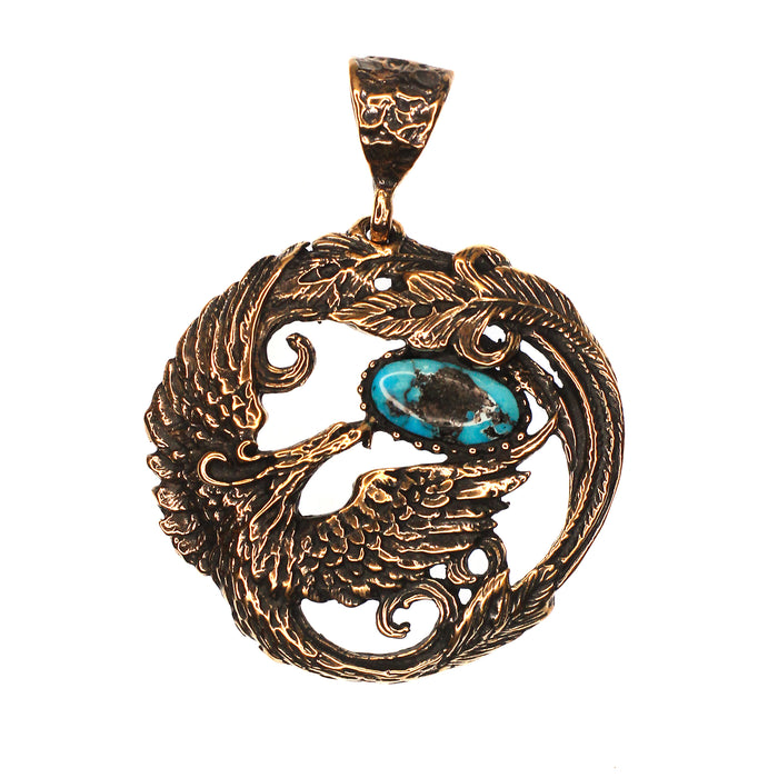 (OOAK012) Bronze and Turquoise Phoenix Pendant