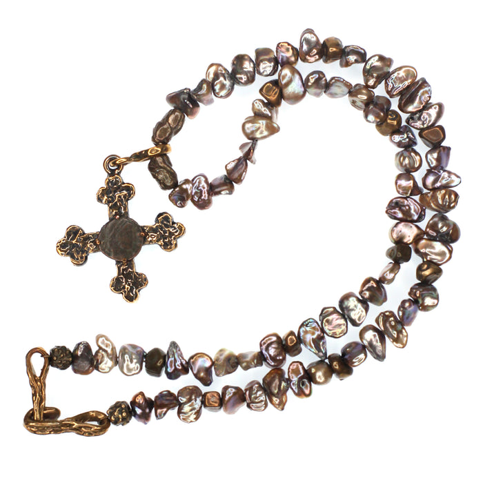 (OOAK016) Pearl Necklace with Bronze Cross with Ancient Roman Coin