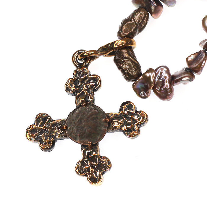 (OOAK016) Pearl Necklace with Bronze Cross with Ancient Roman Coin