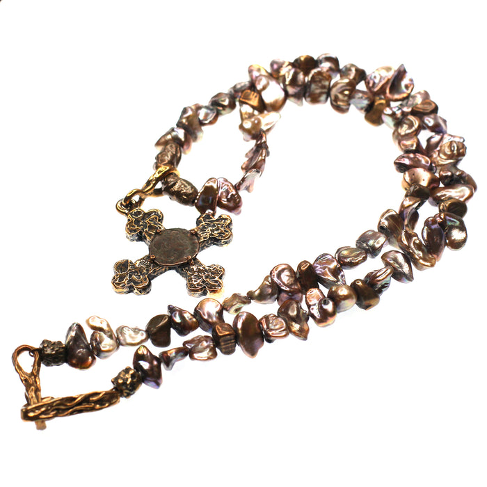 (OOAK016) Pearl Necklace with Bronze Cross with Ancient Roman Coin