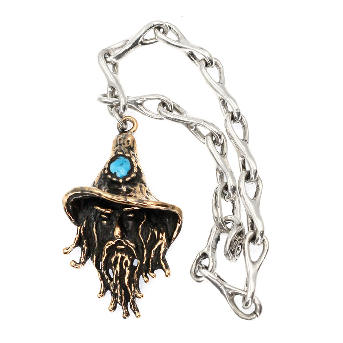 (ABR014) Sterling Silver Bracelet with Bronze Wizard Pendant with Inlay Turquoise
